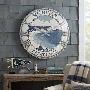 Michigan Sleeping Bear Dunes Coastal Navy Large Clock