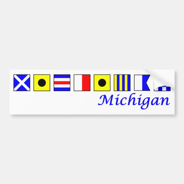Michigan spelled in nautical flag alphabet bumper sticker (Front)