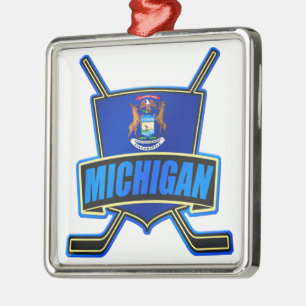Michigan State Flag Hockey Logo Metal Ornament