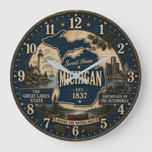 Michigan State Great Lakes  Rustic Coastal Vintage Large Clock