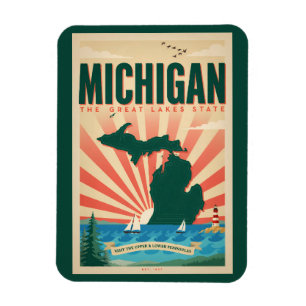 Michigan State Illustration Travel Art Vintage Magnet