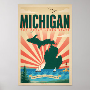 Michigan State Illustration Travel Art Vintage Poster