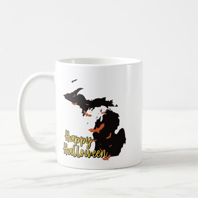 Michigan State Map Happy Halloween Bats Coffee Mug (Left)