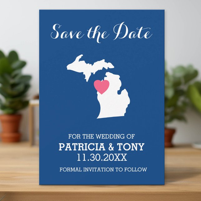Michigan State Map with Custom Love Heart and Name Save The Date (Custom Save the Date Invitation with Download Option)