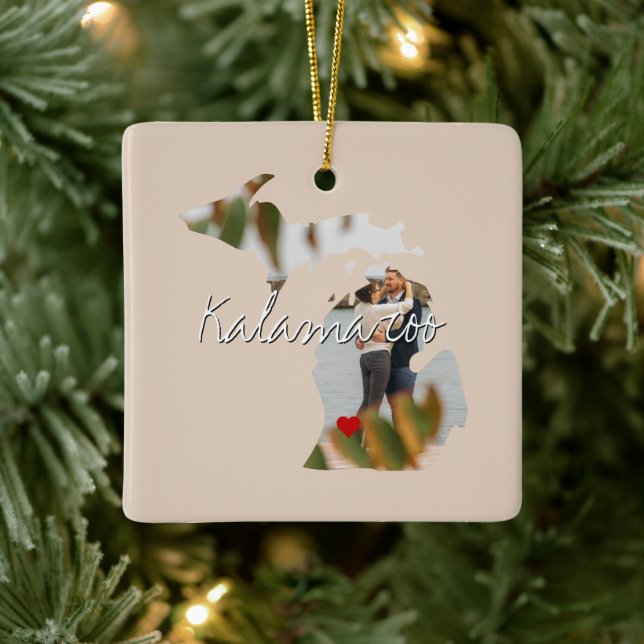 Michigan State Photo insert and town name Ceramic Ornament (Tree)