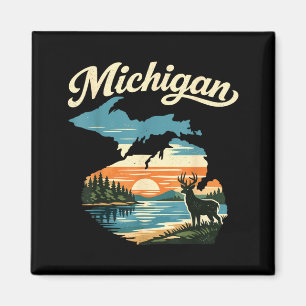 Michigan State Sunset Lake Deer Forest Scenic Magnet