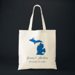Michigan Wedding Welcome Tote Bag<br><div class="desc">Welcome out of town wedding guests with a bag full of snacks and treats personalised with the state where you're getting married and the bride and groom's names and wedding date. Click Customise It to move the heart to show any city or location on the state map. Use the design...</div>