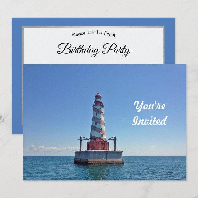 Michigan White Shoal Lighthouse Photo Birthday Invitation (Front/Back)