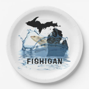 Michigan with big fish in water paper plate