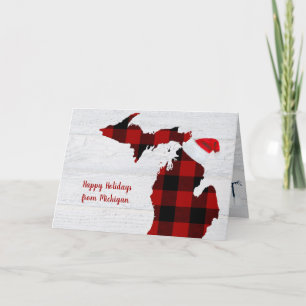 Michigan with buffalo plaid and Santa cap Card