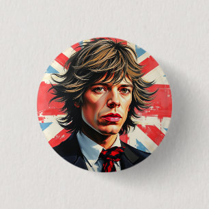 Mick Jagger Rolling Stones in front of a Union Jac 3 Cm Round Badge