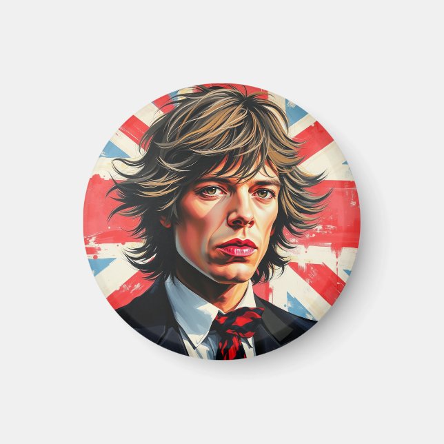 Mick Jagger Rolling Stones in front of a Union Jac Magnet (Front)