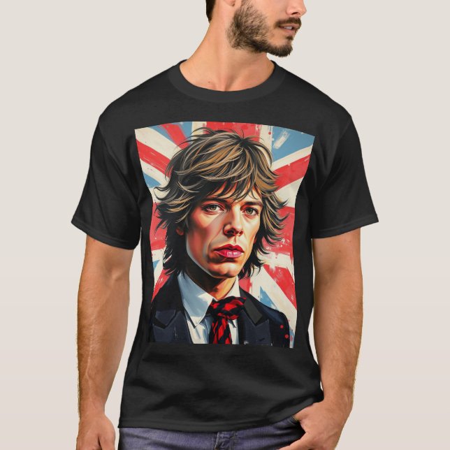 Mick Jagger Rolling Stones in front of a Union Jac T-Shirt (Front)
