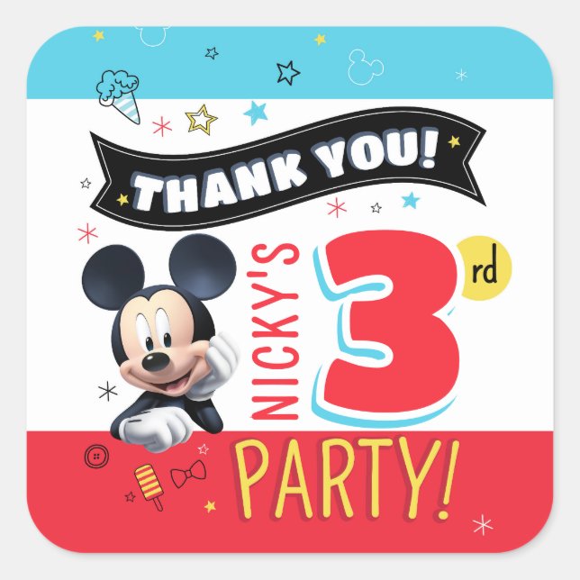 Mickey Mouse Fun Birthday paper Favor Square Sticker (Front)