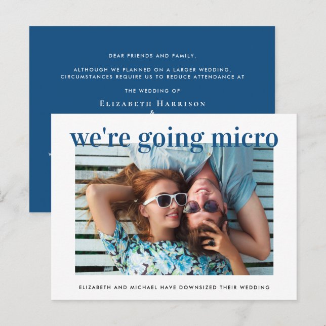 Micro Downsized Wedding Photo Blue Announcement Postcard (Front/Back)