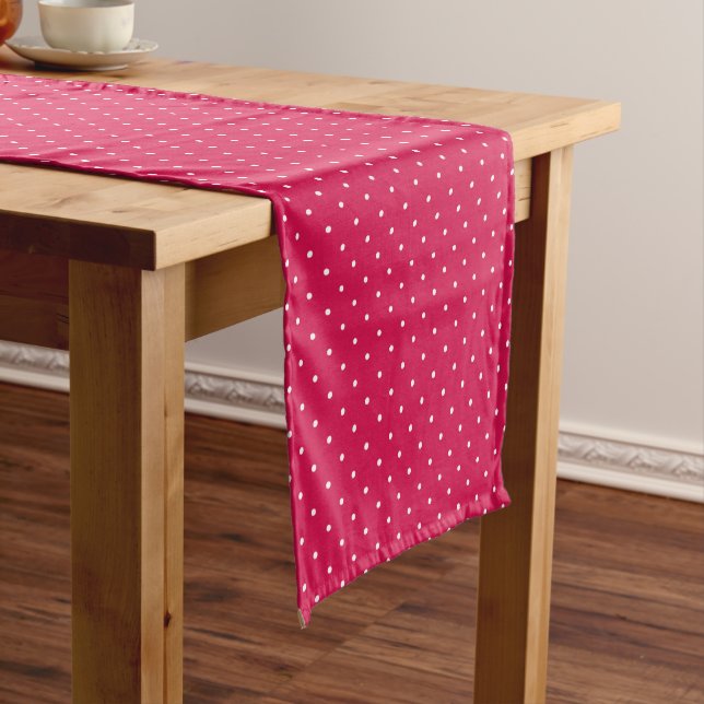 Micro Polka Dot White - Raspberry Red Short Table Runner (In Situ)