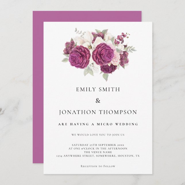 Micro Wedding Burgundy Florals Rose Pink Invitation (Front/Back)