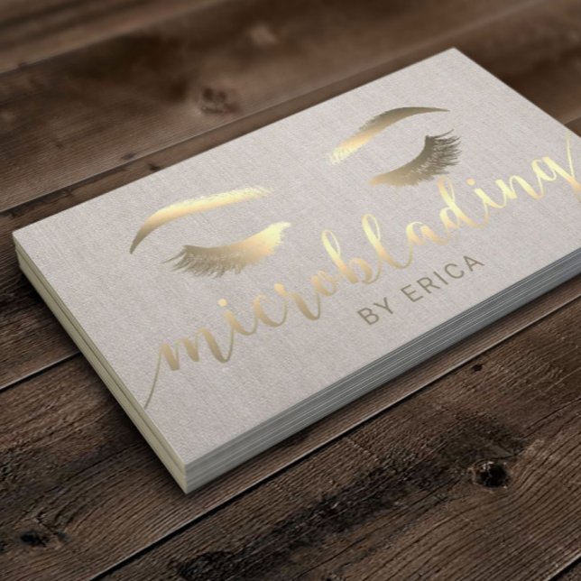 Microblading Brow Makeup Artist Gold Script Linen Business Card (Creator Uploaded)
