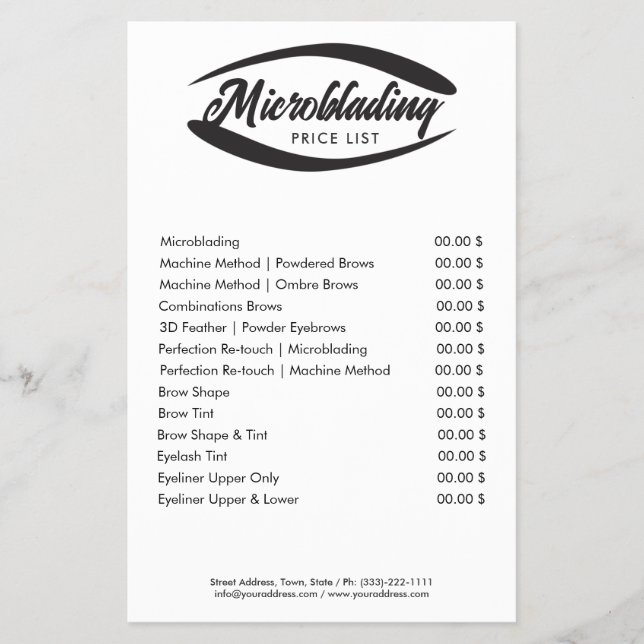 Microblading Eyebrow Shape Tattoo Price List Flyer (Front)