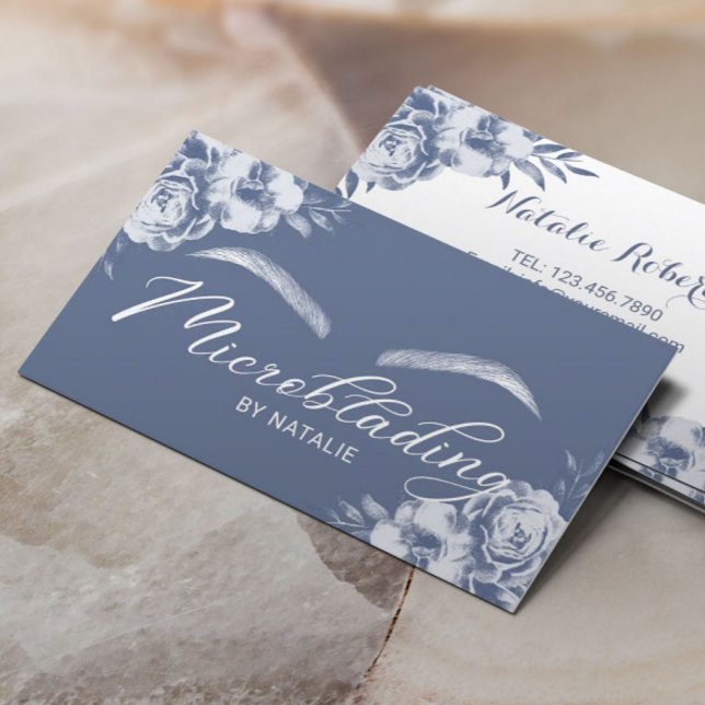 Microblading Eyebrows Salon Vintage Blue Floral Business Card (Creator Uploaded)