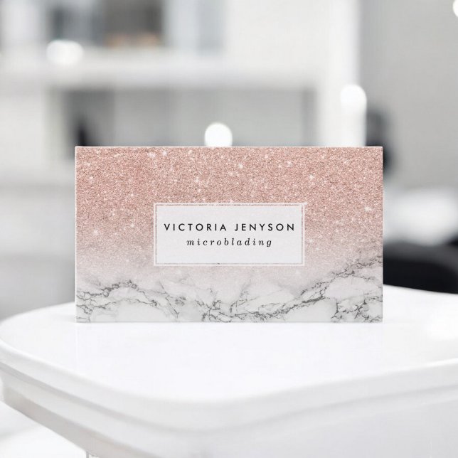 Microblading faux rose pink glitter white marble business card (Microblading faux rose pink glitter white marble business card)