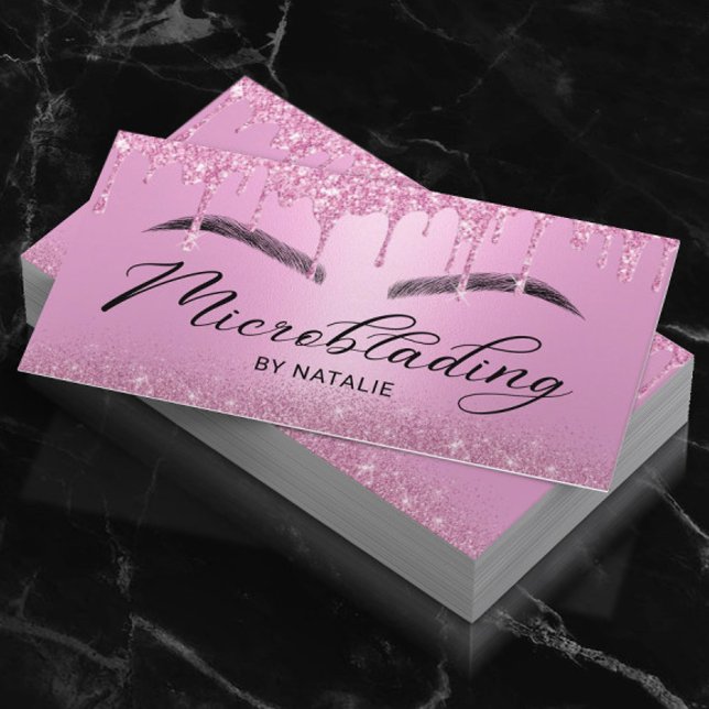 Microblading Pink Glitter Drips Typography Busines Business Card (Creator Uploaded)