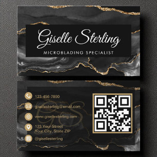 Microblading QR Code Black Gold Agate Luxury  Business Card