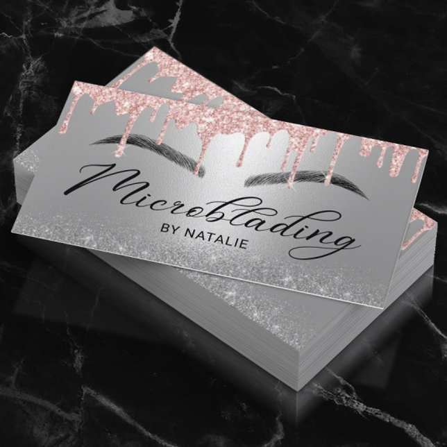 Microblading Rose Gold Drips Silver Typography Business Card (Creator Uploaded)
