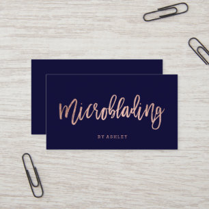 Microblading rose gold typography navy blue business card