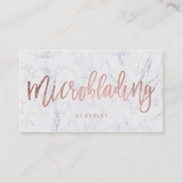 Microblading rose gold typography white marble business card (Front)
