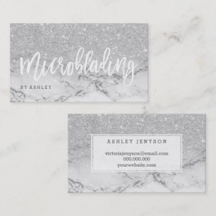 Microblading typography silver glitter marble business card