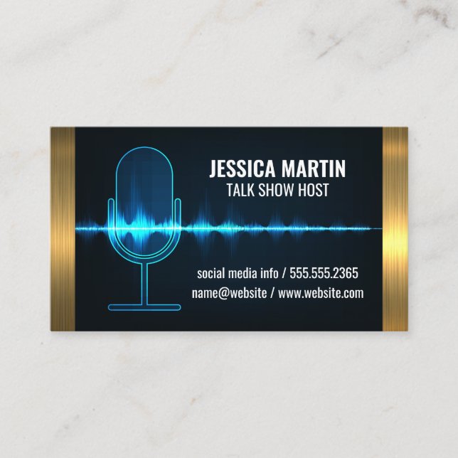 Microphone | Digital Sound Wave | Gold Metal Trim Business Card (Front)