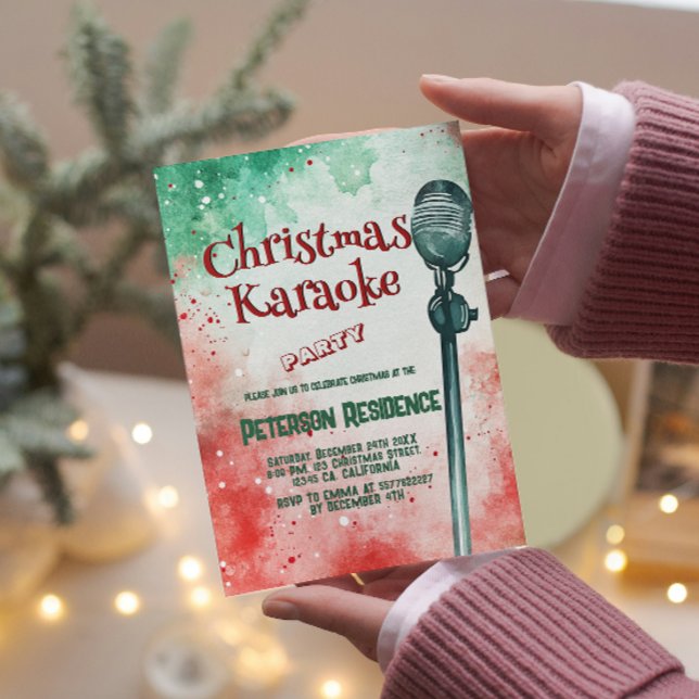 Microphone Green and Red Christmas Karaoke Party  Invitation (Creator Uploaded)