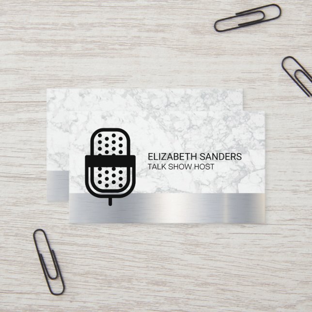 Microphone Logo | Marble Metal Trim Business Card (Front/Back In Situ)