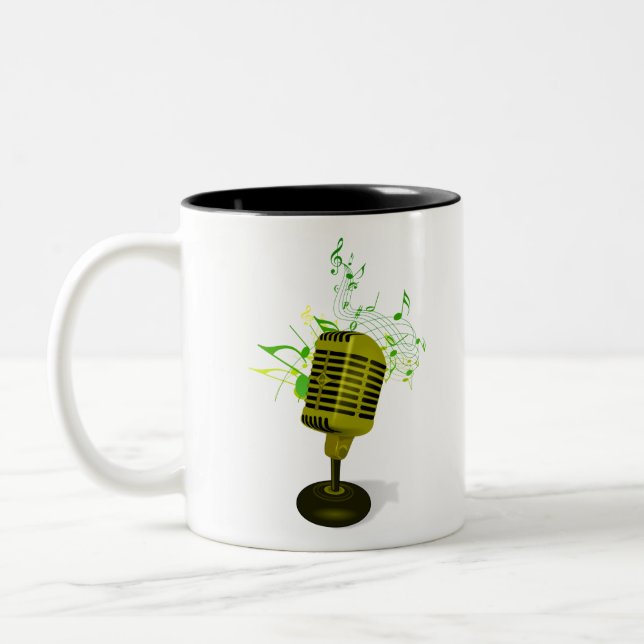 microphone with musical notes Two-Tone coffee mug (Left)