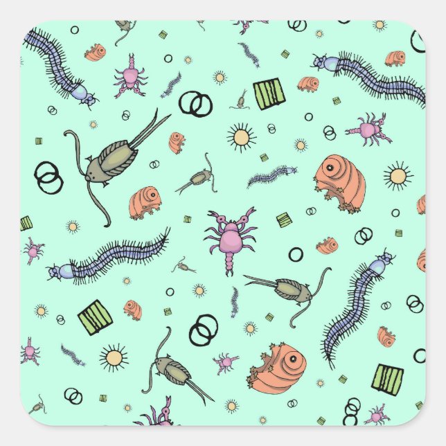 Microscopic Animals in Blue Square Sticker (Front)