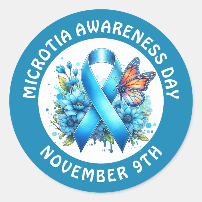 Microtia Blue Awareness Day Ribbon and Butterfly Classic Round Sticker (Front)