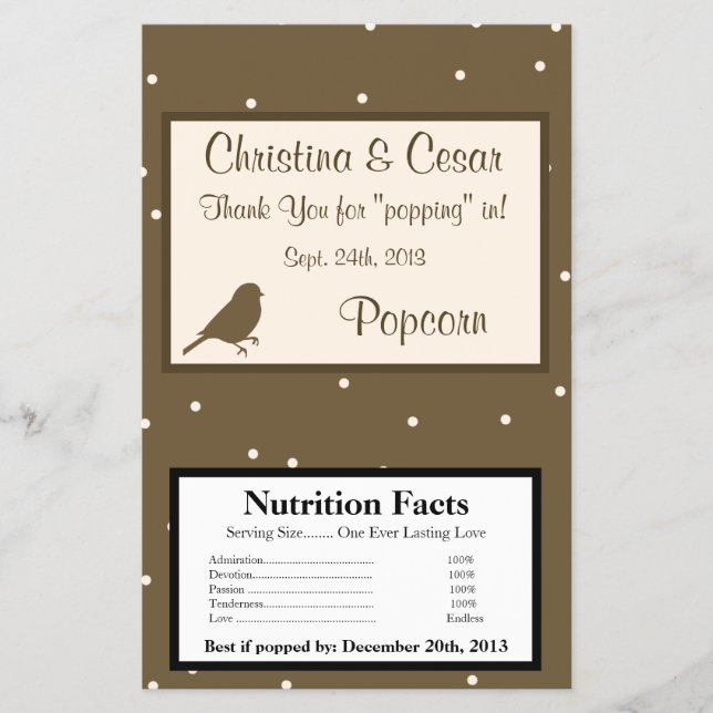 Microwave Popcorn Wrapper Birds on Brown Polka Dot (Front)