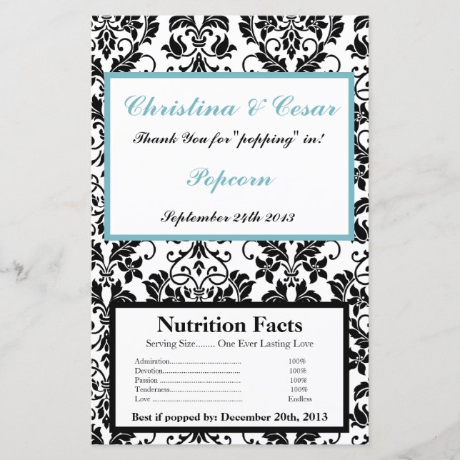 Microwave Popcorn Wrapper Black Damask Baby Blue (Front)