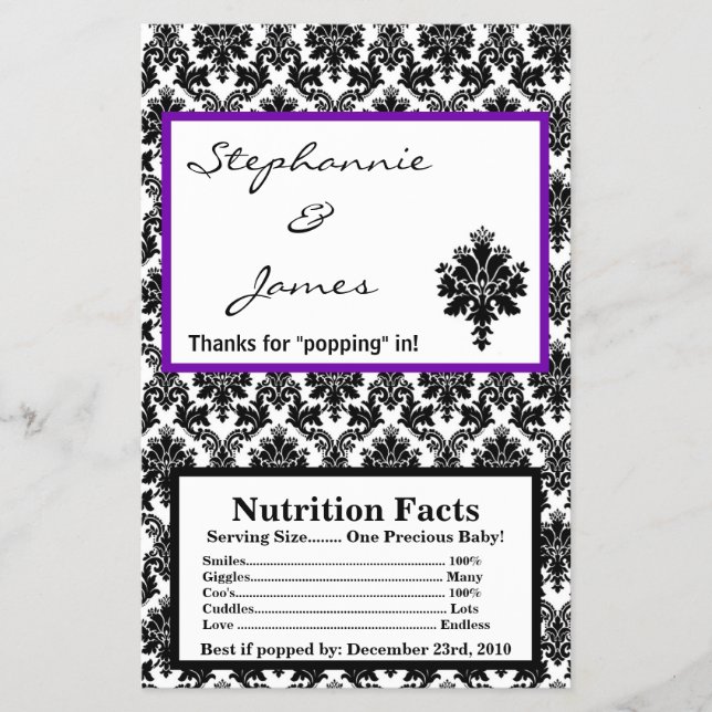 Microwave Popcorn Wrapper Black Purple Damask (Front)