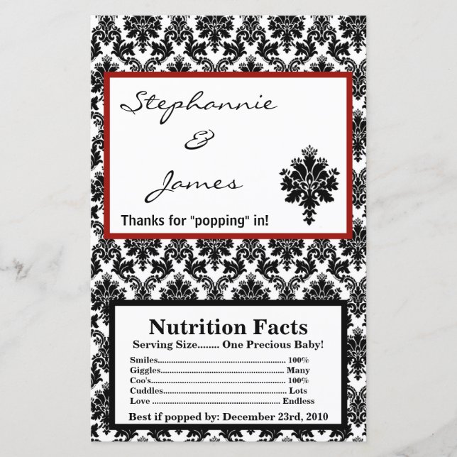 Microwave Popcorn Wrapper Black Red Damask (Front)