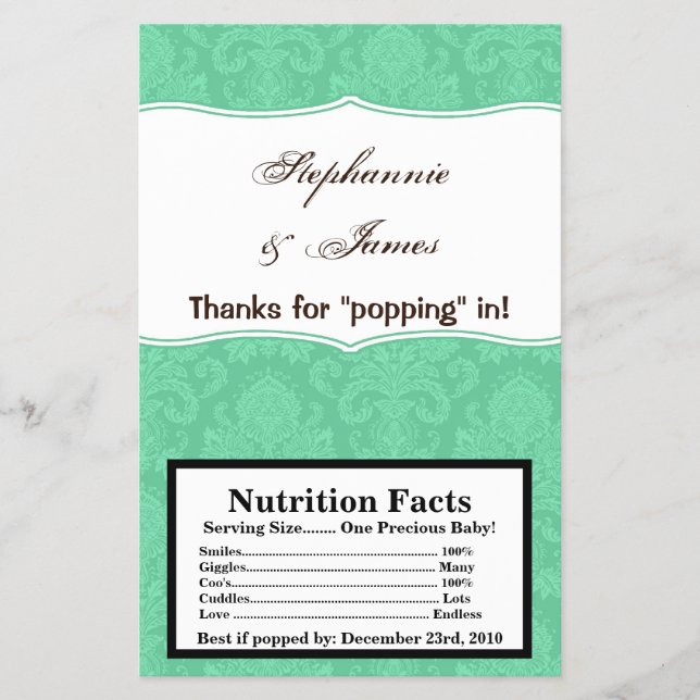 Microwave Popcorn Wrapper Mint White Damask Lace (Front)