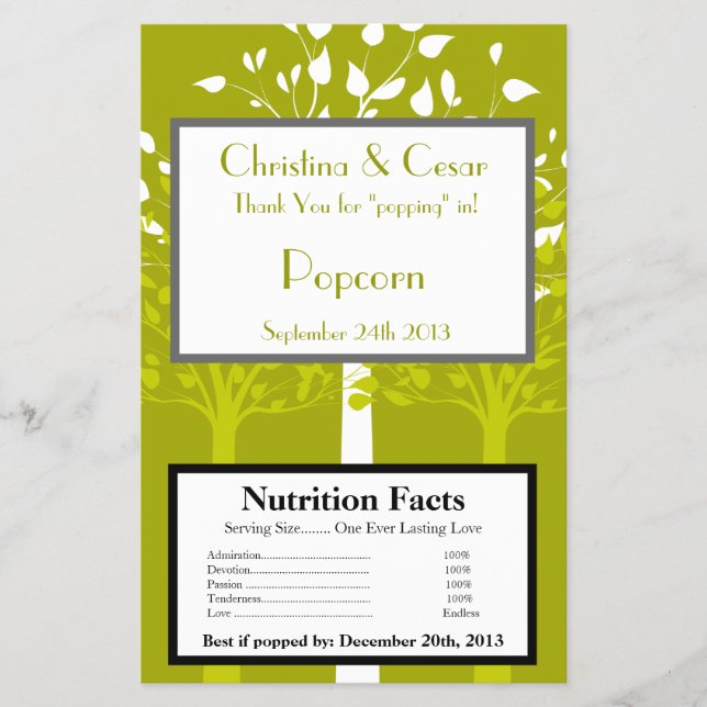 Microwave Popcorn Wrapper Modern Green/White Trees (Front)