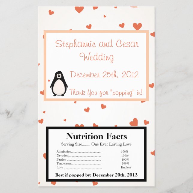 Microwave Popcorn Wrapper Penguin Love/Hearts Peac (Front)
