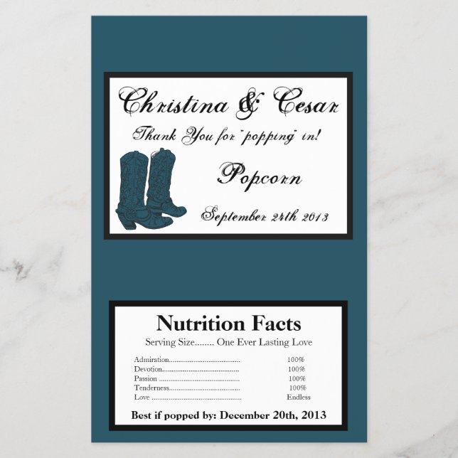 Microwave Popcorn Wrapper Western Blue Cowboy Boot (Front)