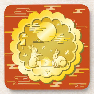 Mid Autumn Festival Gold Mooncake Moon Rabbit Coaster