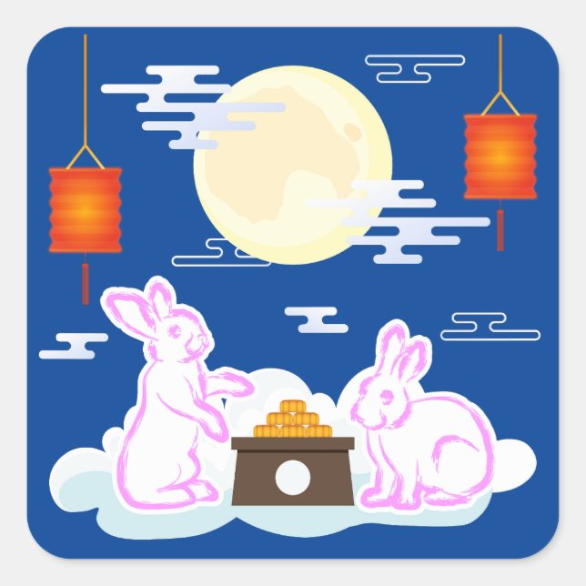 Mid Autumn Festival Moon Rabbit Mooncake Clouds Square Sticker (Front)