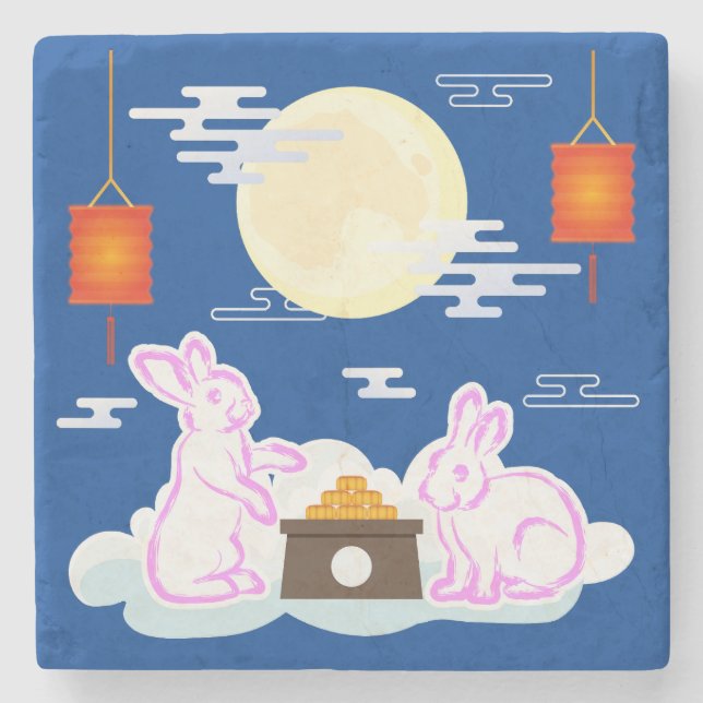 Mid Autumn Festival Moon Rabbit Mooncake Clouds Stone Coaster (Front)