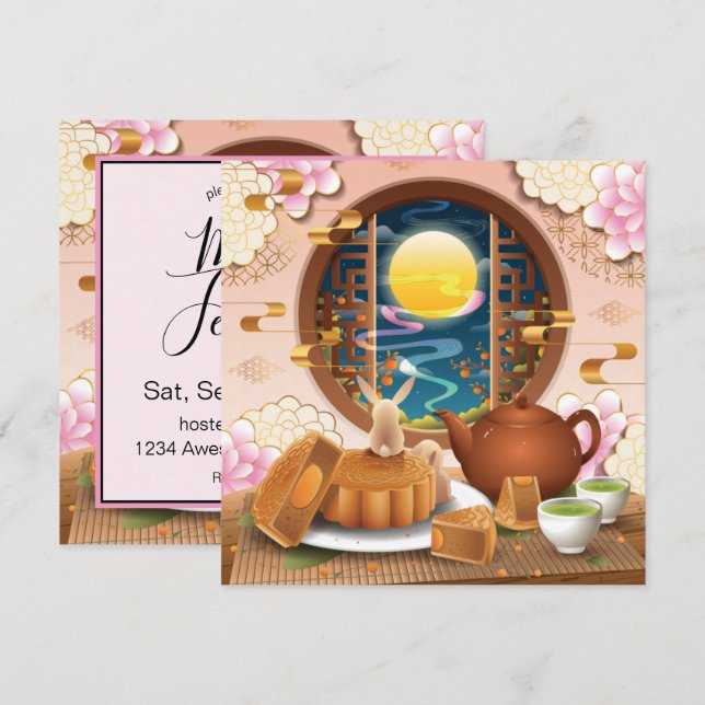 Mid-Autumn Festival Rabbit, Mooncake, Tea Invitation (Front/Back)