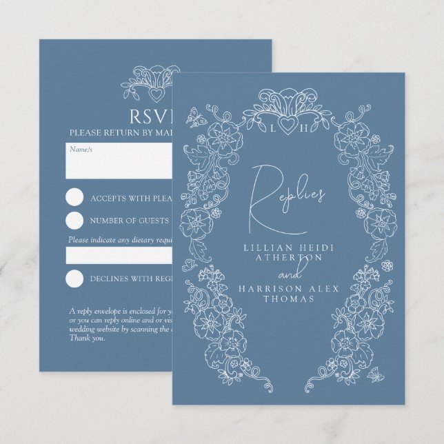 Mid blue grey monogram blossom RSVP wedding Card (Front/Back)